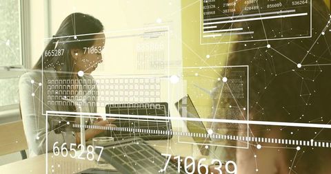 Data analyst engaged in digital presentation with futuristic overlay