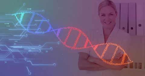 Smiling female doctor presenting digital dna helix and neon circuitry overlay for biotech