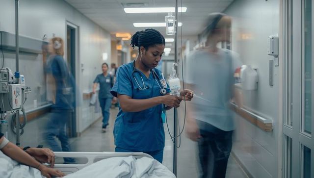 Nurse adjusting iv line in busy hospital corridor caring for patient during shift