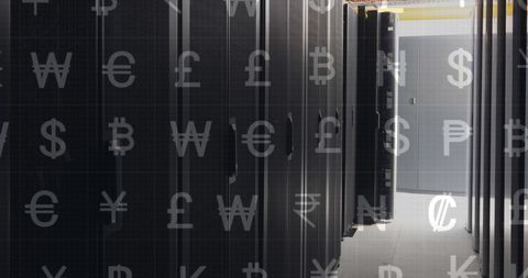 Global currency symbols over modern server infrastructure