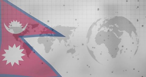 Nepal flag dominating left with halftone world map and digital data globe overlay infographic
