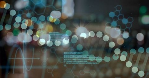 Futuristic DNA Helix Overlay on Urban Nightscape