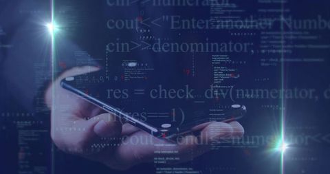 Mid adult male hand holding smartphone with holographic code overlays and neon lens flares