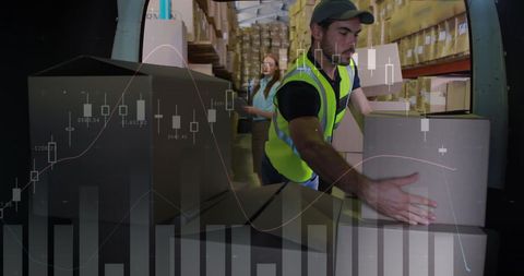 Delivery staff handling packages with overlaid financial graphs