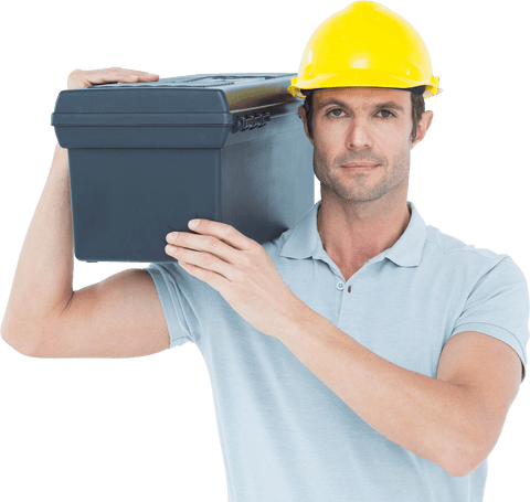 Portrait of Confident Worker Carrying Toolbox Transparent Background