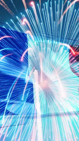 Dancer twirling on LED stage amid bursting neon fireworks vertical performance video