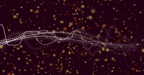 Flowing layered waveform ribbon with glowing particles and dotted neon line on burgundy
