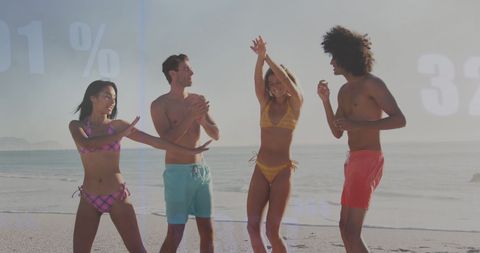 Friends Enjoying Beach with Finance Data Graphics