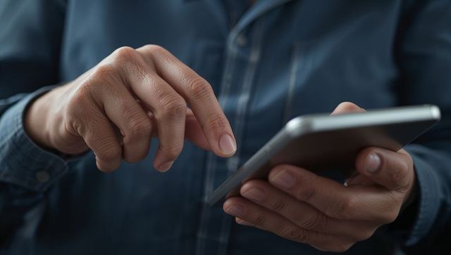 Man tapping silver smartphone closeup in navy shirt with moody office lighting