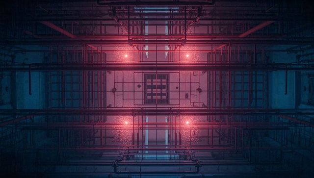 Futuristic Industrial Shaft with Red Illuminating Grids