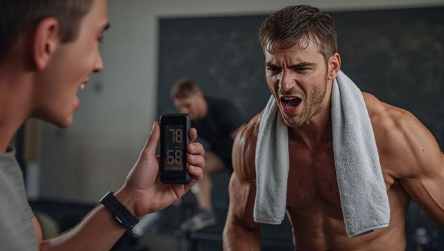 Coach showing performance readout while shirtless athlete grunting during intense workout