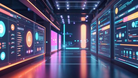 Futuristic Neon Walkway with Digital Display Panels and Lights