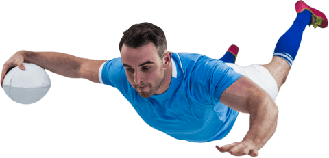 Rugby Player in Blue Jersey Scoring Try Transparent Background