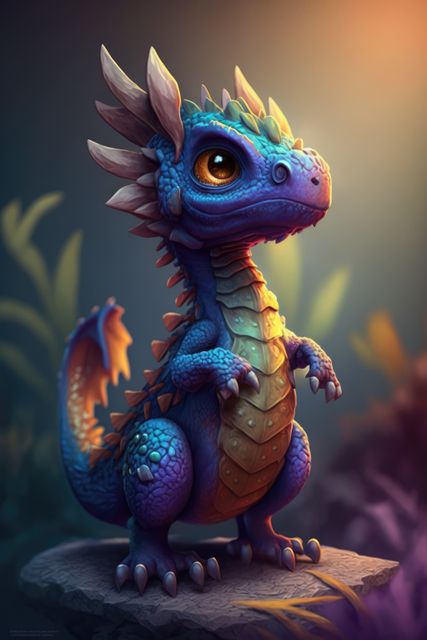 An adorable baby dragon with vibrant, colorful scales stands in a magical forest, illuminated by soft, glowing light. This fantasy scene is perfect for use in children's storybooks, fantasy novels, whimsical art collections, or digital artwork aimed at young audiences. The detailed textures and lively colors make it ideal for enhancing themes of magic and wonder.