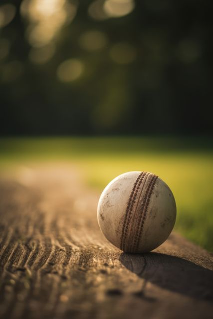 Cricket ball on a wooden surface in an outdoor field with blurred background. Nostalgic sports equipment scene showcases natural sunlight and greenery. Ideal for use in projects related to sports, nostalgia, outdoor activities, summer themes, and cricket games. Suitable for blogs, social media, promotional materials, and websites focusing on sports or outdoor hobbies.