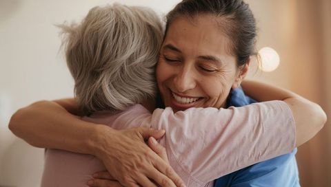 Adult daughter hugging elderly mother sharing warm smile and close family bond in cozy home