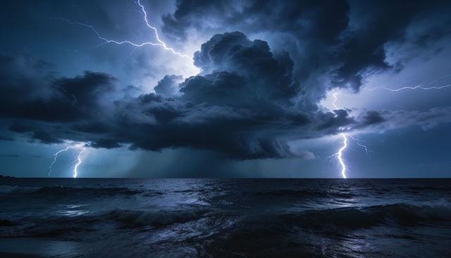 Lightning striking open ocean beneath towering cumulonimbus cloud, waves crashing in storm