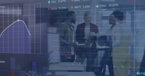 Diverse Team Collaborating Amidst Dynamic Financial Data Visuals