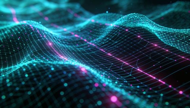 Flowing neon mesh network with turquoise grid and magenta nodes for tech branding concepts