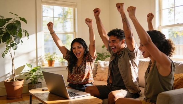 Friends cheering on couch while watching laptop and smartphone celebrating live win