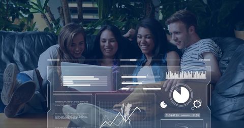 Diverse Friends Using Laptop with Data Graphics Overlay