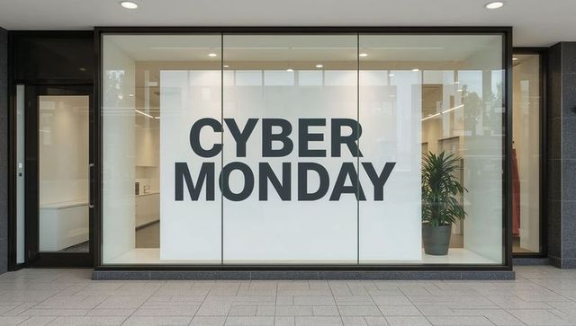 Cyber monday window display with bold typography minimalist mall storefront seasonal sale