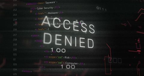 Glowing access denied overlay on html code with neon circuitry and digital glitch