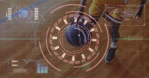 Teen basketball player dribbling with futuristic digital hud overlay