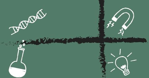 Science Symbols with DNA Strand and Light Bulb on Green Background