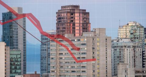 Declining Economic Chart Over Sunny Cityscape at Dusk