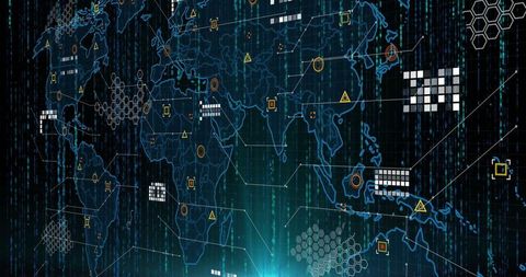 Futuristic World Map with Digital Analytics and Data Connectivity