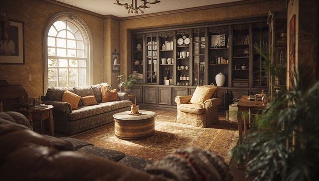 Sunlit traditional living room basking in soft light with arched window and library