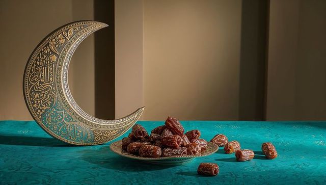 Showing ornate brass crescent with arabic calligraphy and plate of dates on turquoise cloth