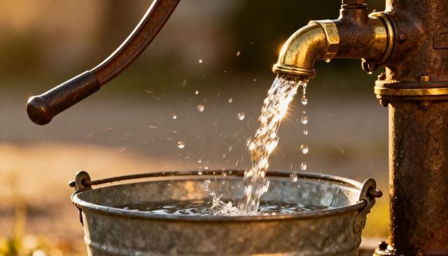 Rustic brass water pump pouring clear water into galvanized bucket during golden hour