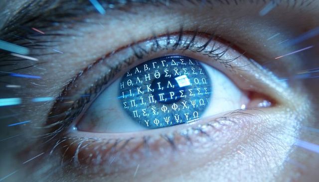 Close-up human eye reflecting Greek letters, biometric scanning with digital glyph overlay