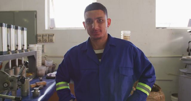 Factory Worker Wearing Blue Coveralls Standing in Industrial Setting - Download Free Stock Images Pikwizard.com