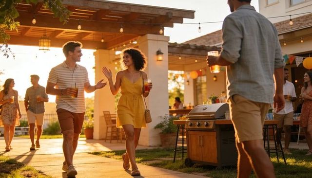 Smiling couple walking with drinks at golden-hour backyard summer party under pergola with grill