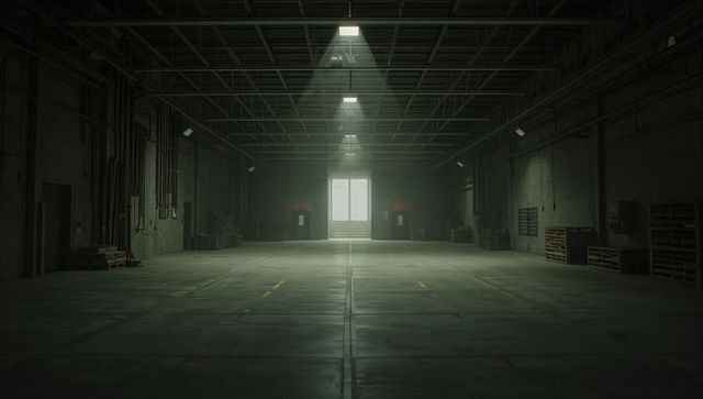 Spacious Empty Industrial Warehouse Bathing in Window Light with Stacked Pallets
