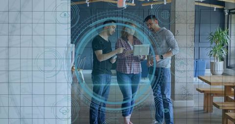 Office Team Collaborating with Digital Interface Holographic Overlay