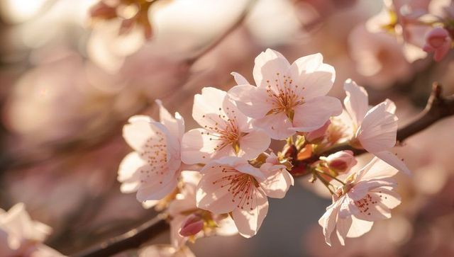 Sunlit pink cherry blossom cluster on twig at golden hour with soft bokeh background