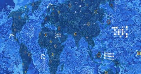 Digital world map with connecting data nodes and geometric shapes