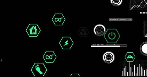 Neon Green Hexagonal HUD Dashboard Displaying CO2, Energy and Sustainability Metrics