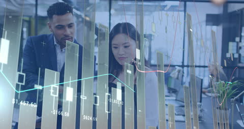 Business Analysis Team Examining Financial Data with Graph Overlay