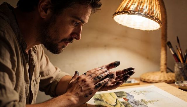 Artist inspecting ink-stained hands while working on watercolor landscape
