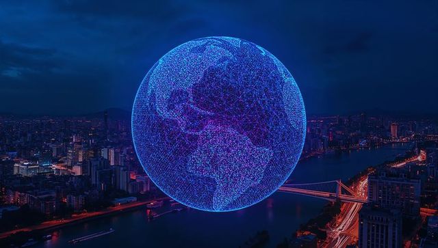 Holographic wireframe globe hovering over night river city with neon light trails and bridge