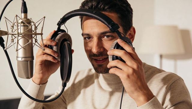 Male podcaster recording at home studio with condenser microphone and headphones