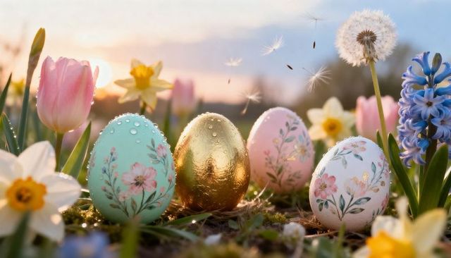 Sunlit pastel floral easter eggs and metallic gold egg nestling on dewy spring meadow