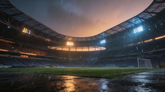 Floodlit stadium glowing under heavy rain at dusk, pitch reflecting warm and cool lights