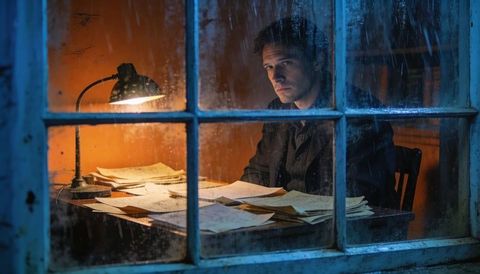 Contemplative man studying documents at night through rainy window with warm lamp glow