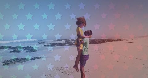 Romantic Beach Escape with Playful Couple Embracing